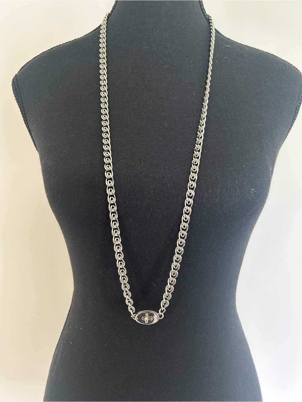 Fossil Silver-Tone Long Chain Necklace with Oval Logo Accent